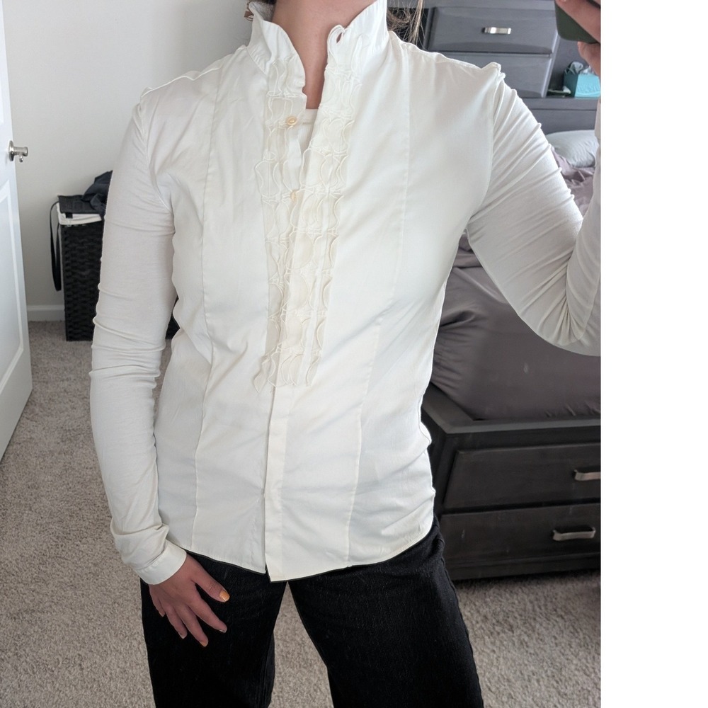 Akris Punto Ruffle Front High Neck Long Sleeve Blouse Ren Fest Regal Victorian 8